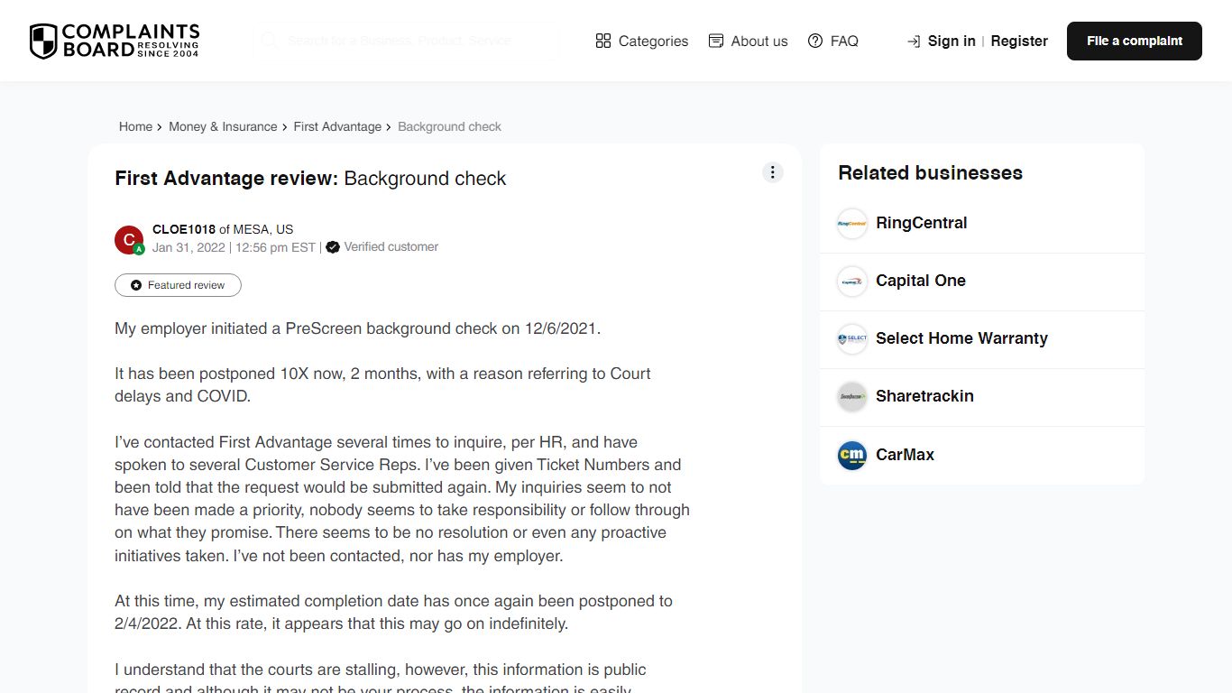 First Advantage review: Background check - Complaints Board